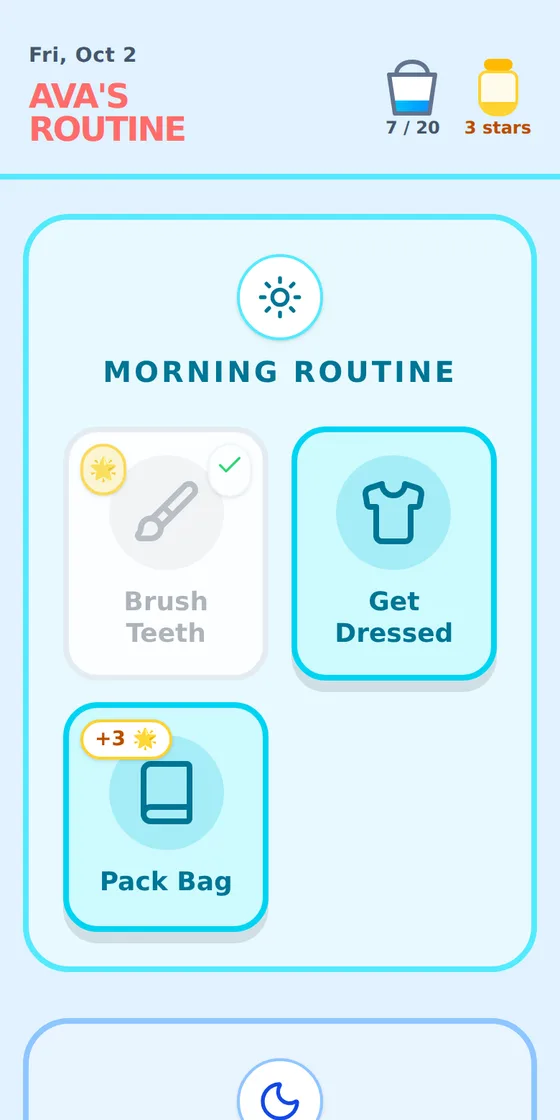 Child Mode: a morning routine with big picture buttons for Brush Teeth, Get Dressed and Pack Bag, a paint bucket of points and a star jar